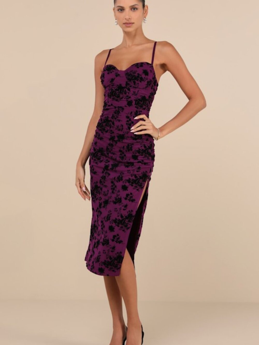 Lulus Ruched Bodycon Purple Floral Slip Dress with Black Velvet Floral Pattern